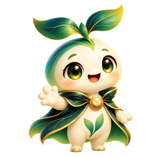 Enku, a small cream seed character with a leaf sprout and green cloak, waving hello